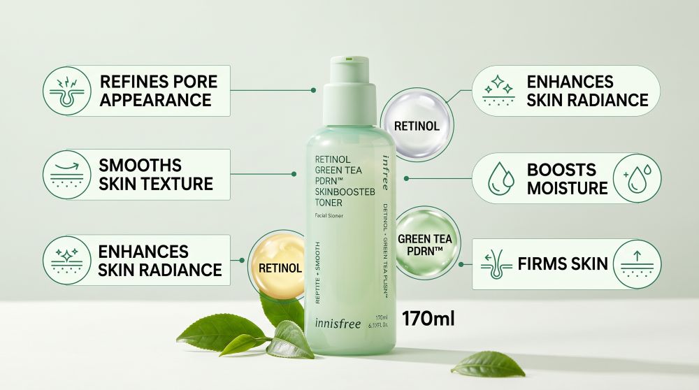 Innisfree Retinol Green Tea Pdrn Skin booster Toner 170ml - Image 6